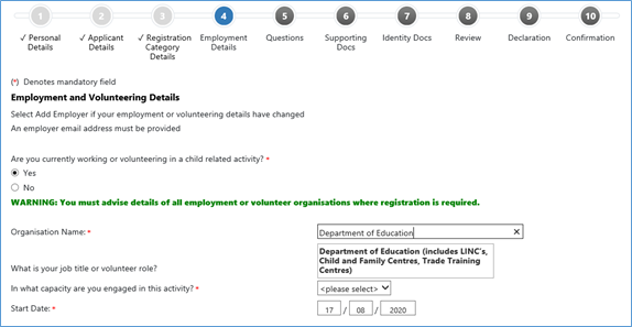 Text and search field to use when searching for an employer or organisation name in the RWVP online registration system