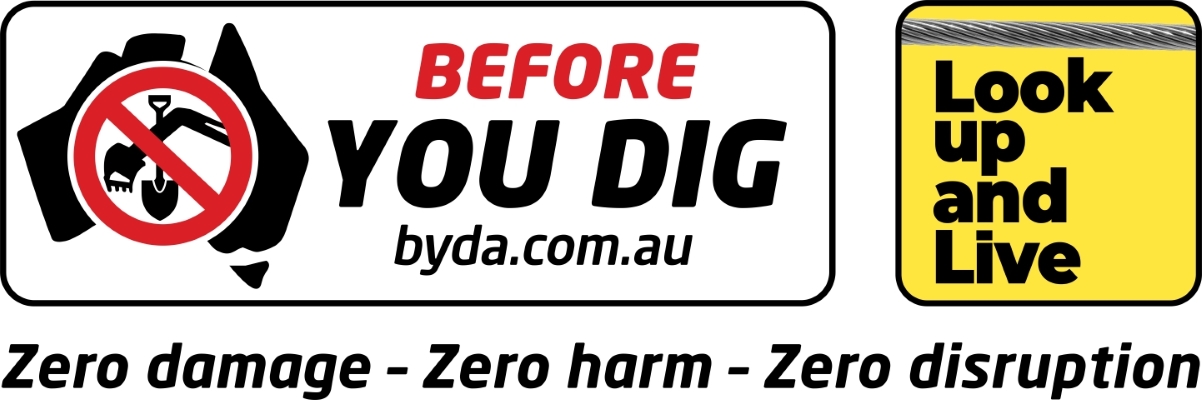 BYDA logo Before You Dig logo sitting alongside Look up and Live logo