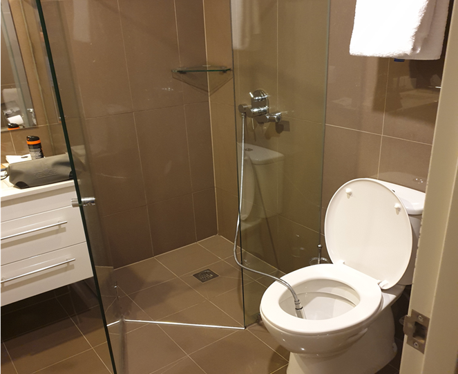 White toilet with illegal hose running from adjacent shower
